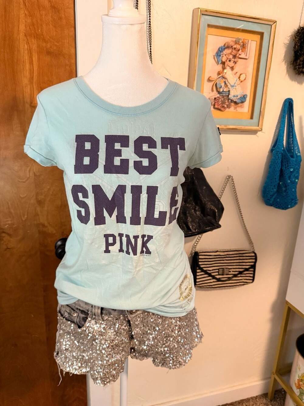 Vintage Victoria's Secret PINK Best Smile Graphic T-Shirt Light Blue